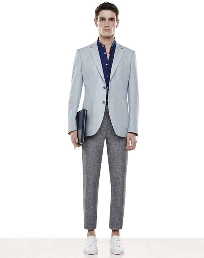 Men's lightweight blazer and cropped trousers worn with no socks in summer