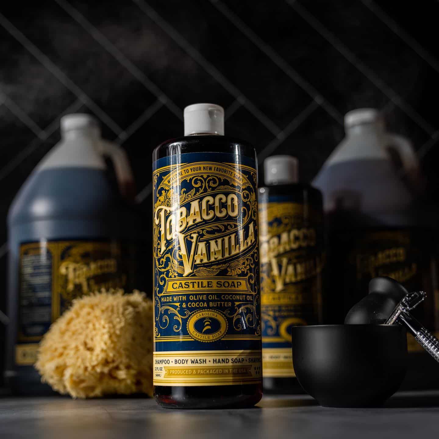 a bottle of tobacco vanilla castile soap by carolina castile