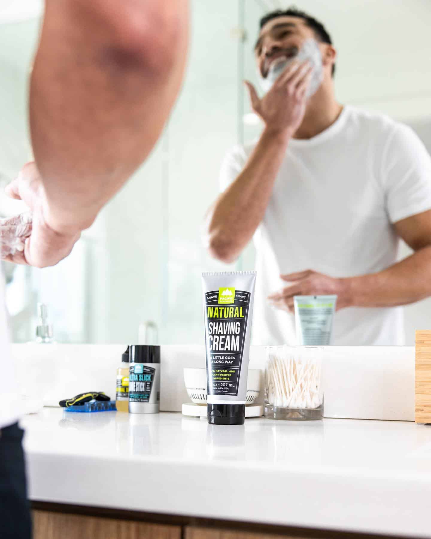 man using the natural shaving cream by pacific shaving company