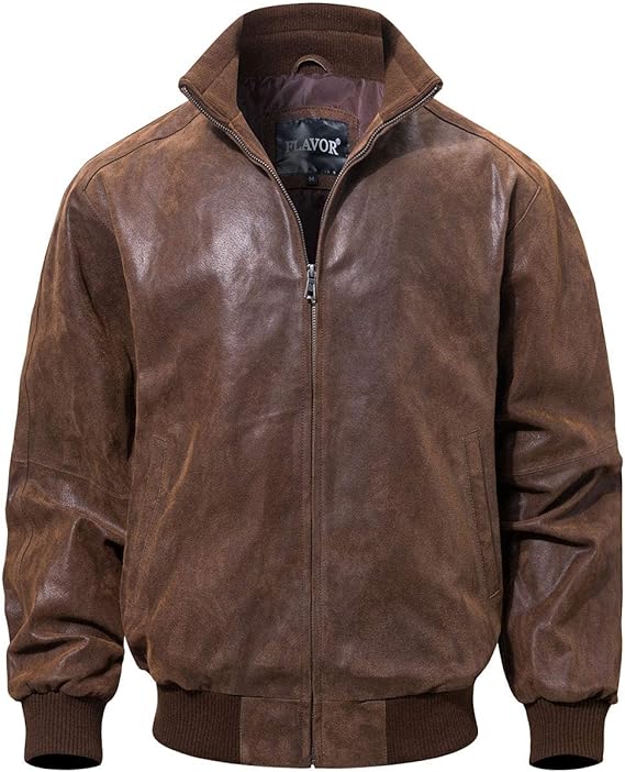 FLAVOR Men’s Real Leather Bomber Jacket