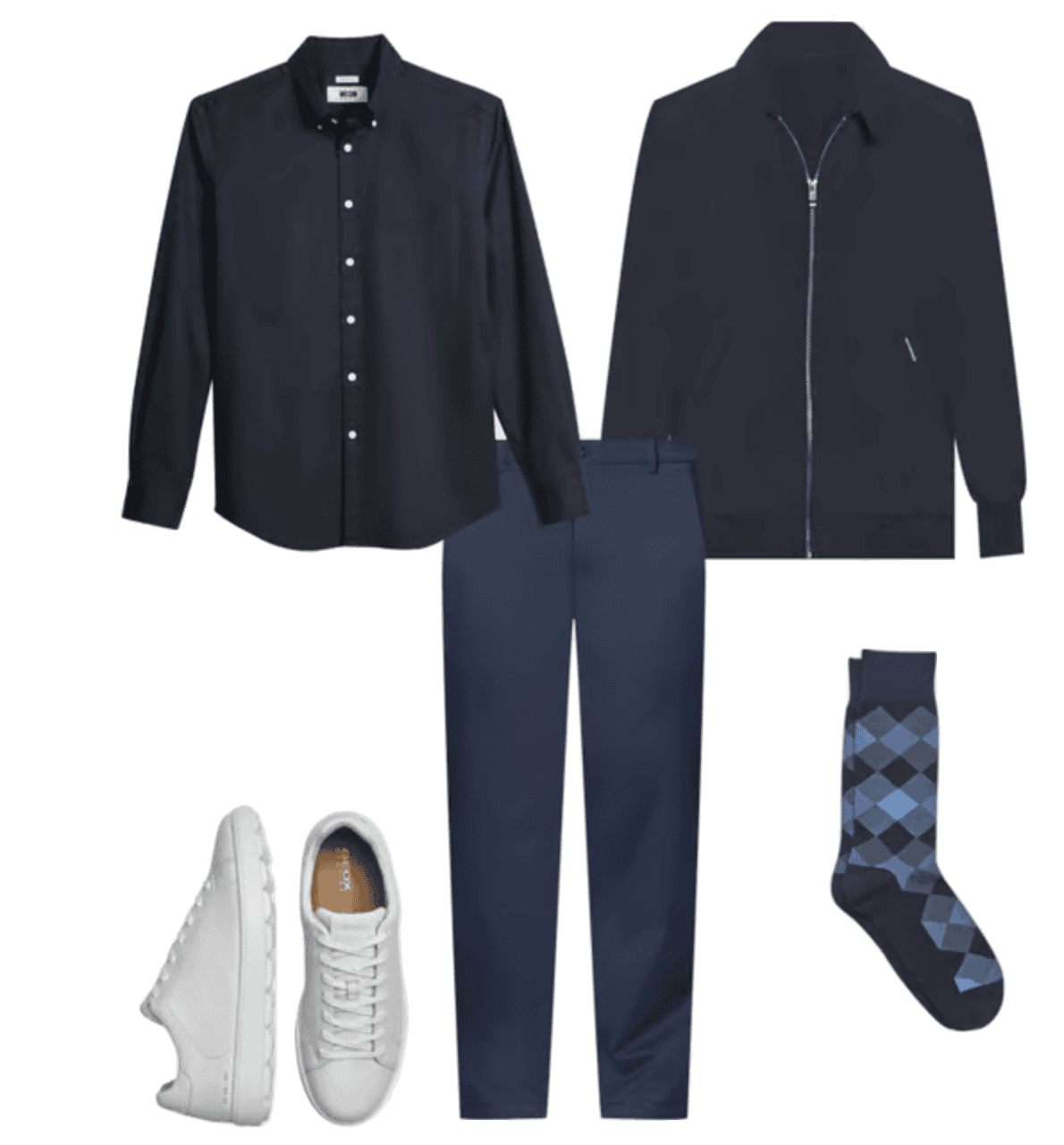 Flat lay of some men's clothing that would transition from the office to the weekend