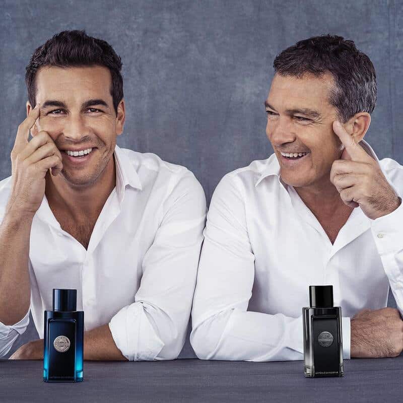 antonio banderas and Mario Casas with bottles of icon colognes