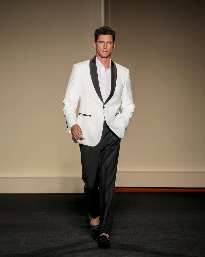 man in a white tuxedo jacket with black lapels by Coofandy