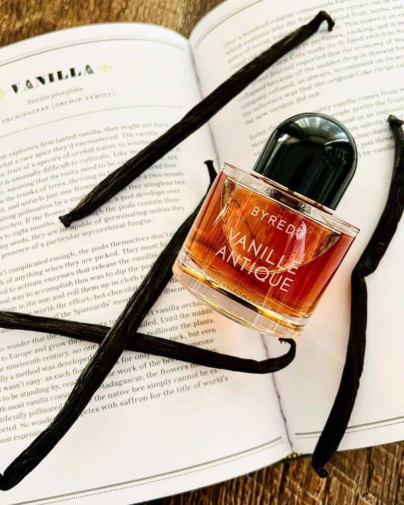 a bottle of byredo vanille antique on top of open book and vanilla sticks