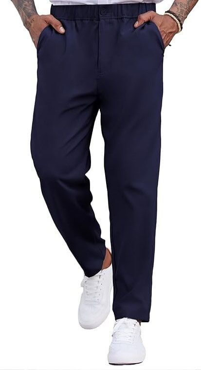 Casual Flat Front Expandable Waist Navy Blue Chino