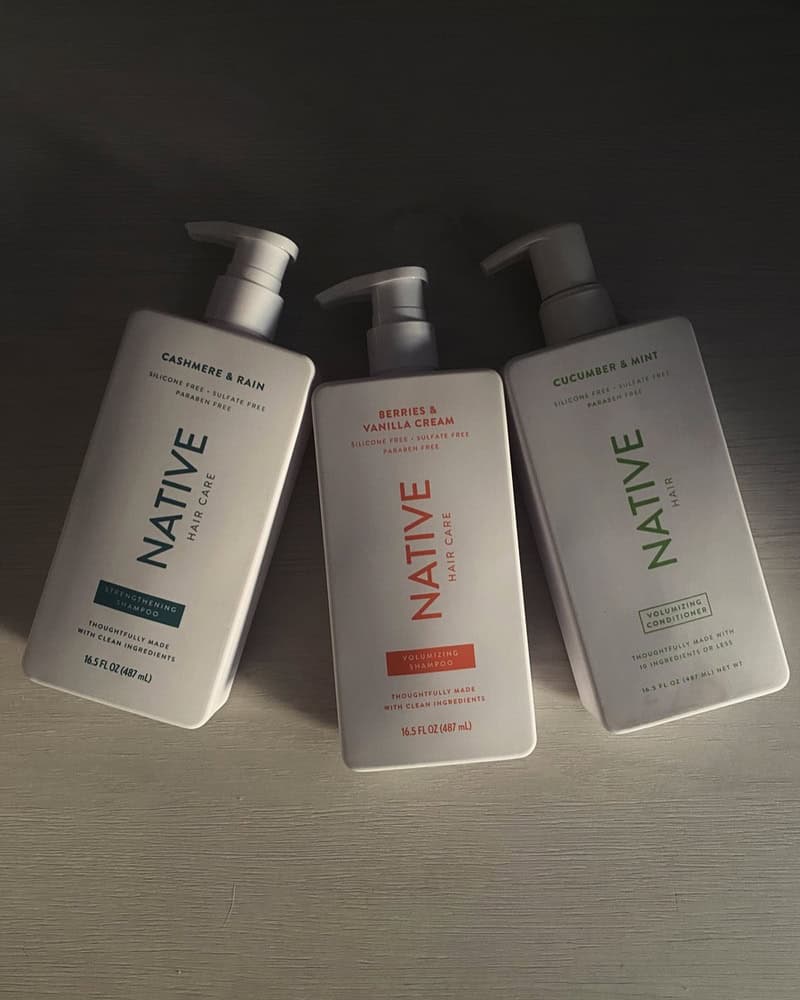 bottles of Native shampoo and Volumizing conditioner