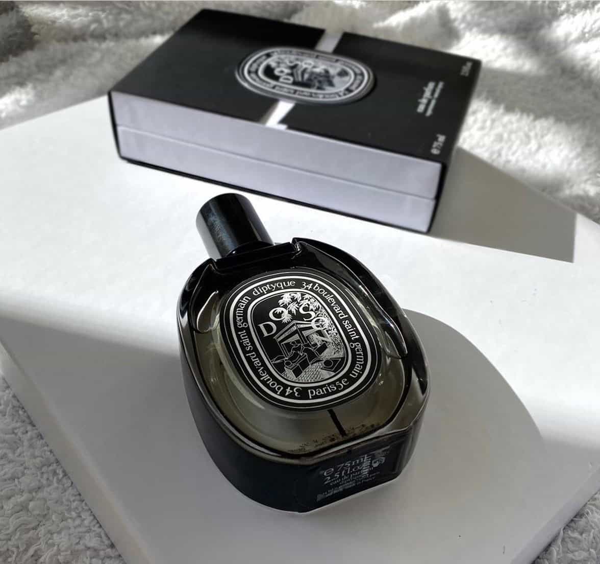 Bottle of cologne and box laid on a plate