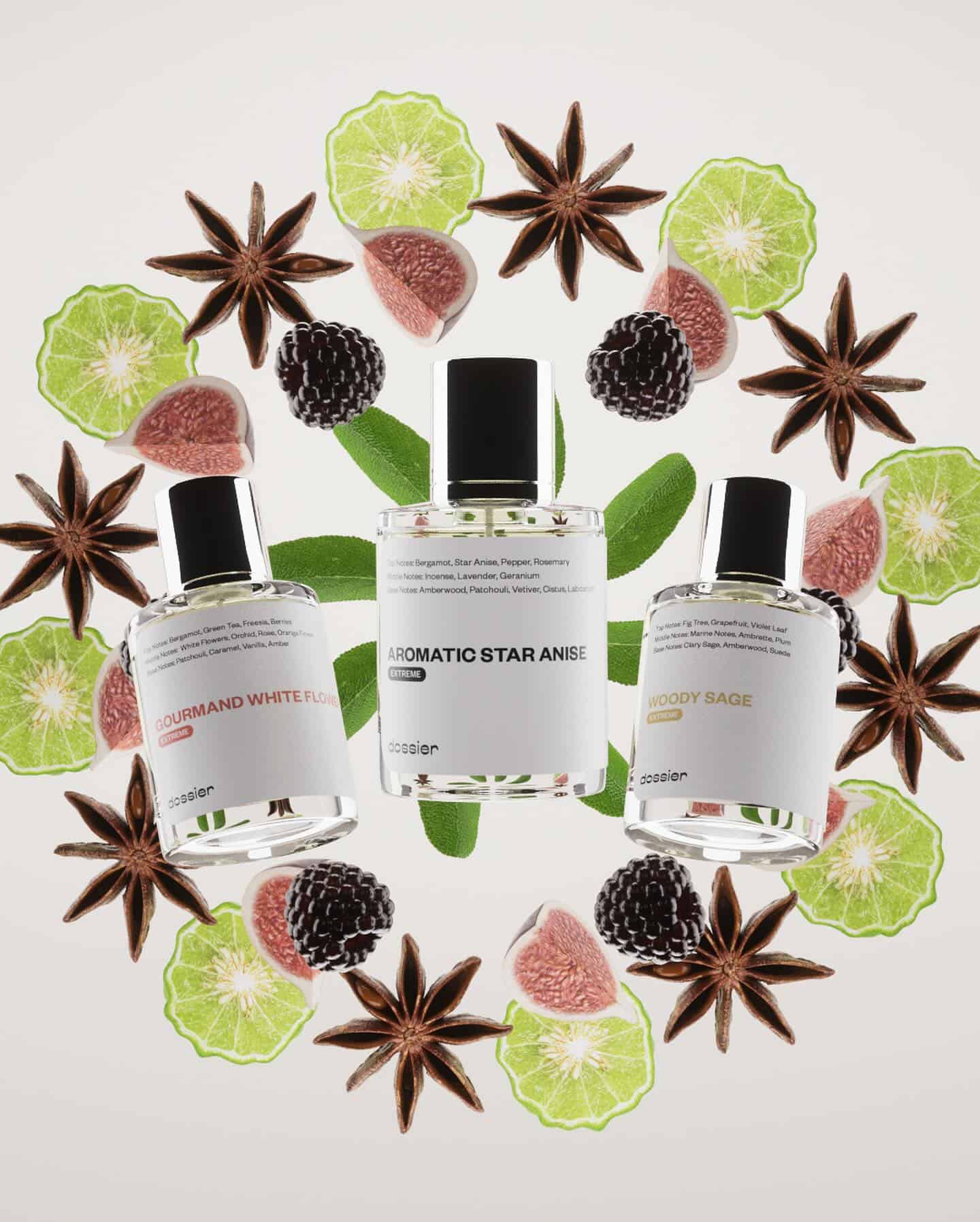 bottles of Gourmand White Flower, Aromatic Star Anise and Woody Sage colognes by Dossier