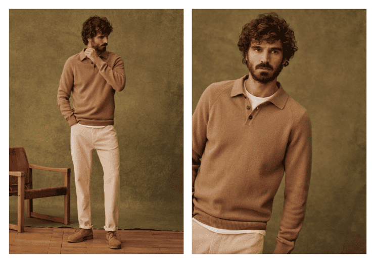 model wearing long-sleeve polo from Octobre